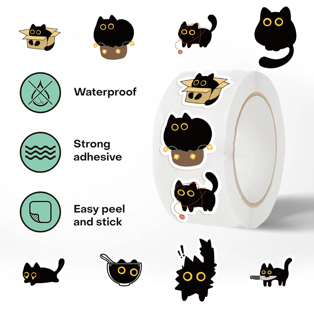 500PCS Ten Different Patterns Black Cat Roll Stickers Small Pattern Decoration DIY Luggage Skateboard Water Cup Stickers