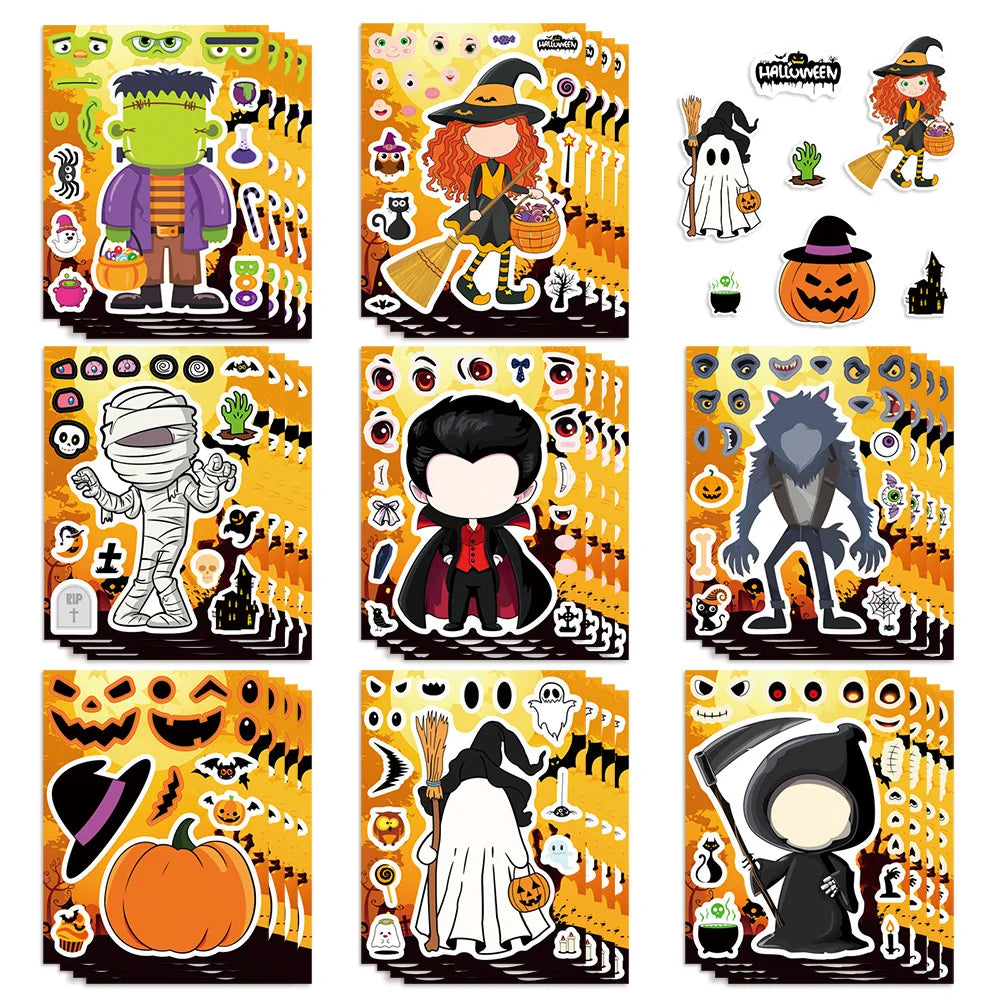 16PCS Halloween Make a Face Stickers Children Puzzle Halloween Party Gift Boxes Gift Stationary Stickers