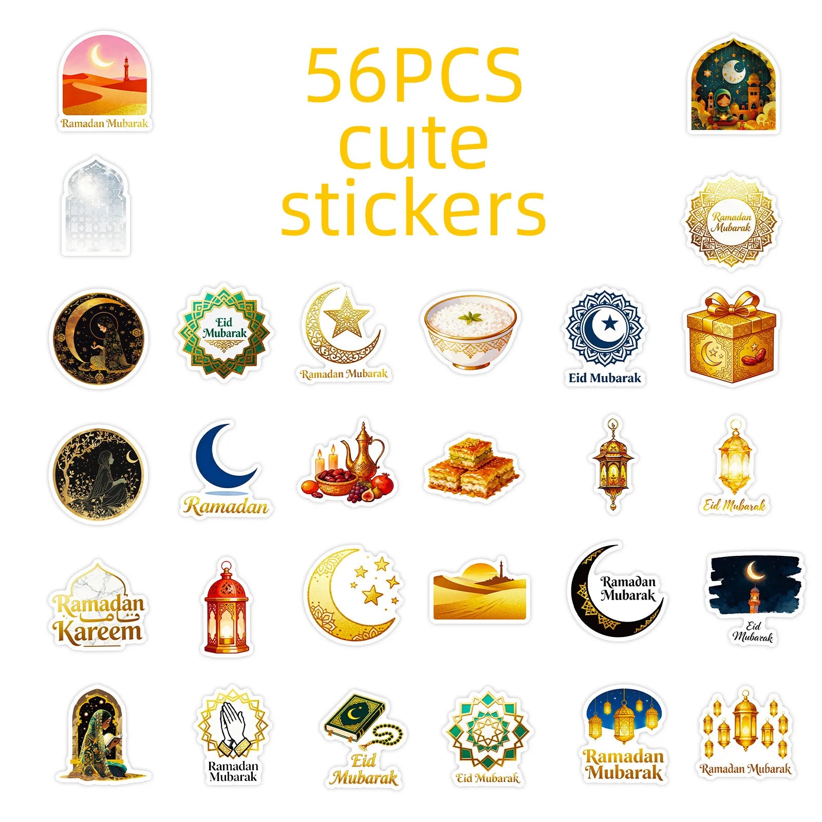 56/112 Pcs Festival Crescent Moon Lantern Element Stickers for Atmosphere Window Cabinet Fridge Furniture File Holder Decals