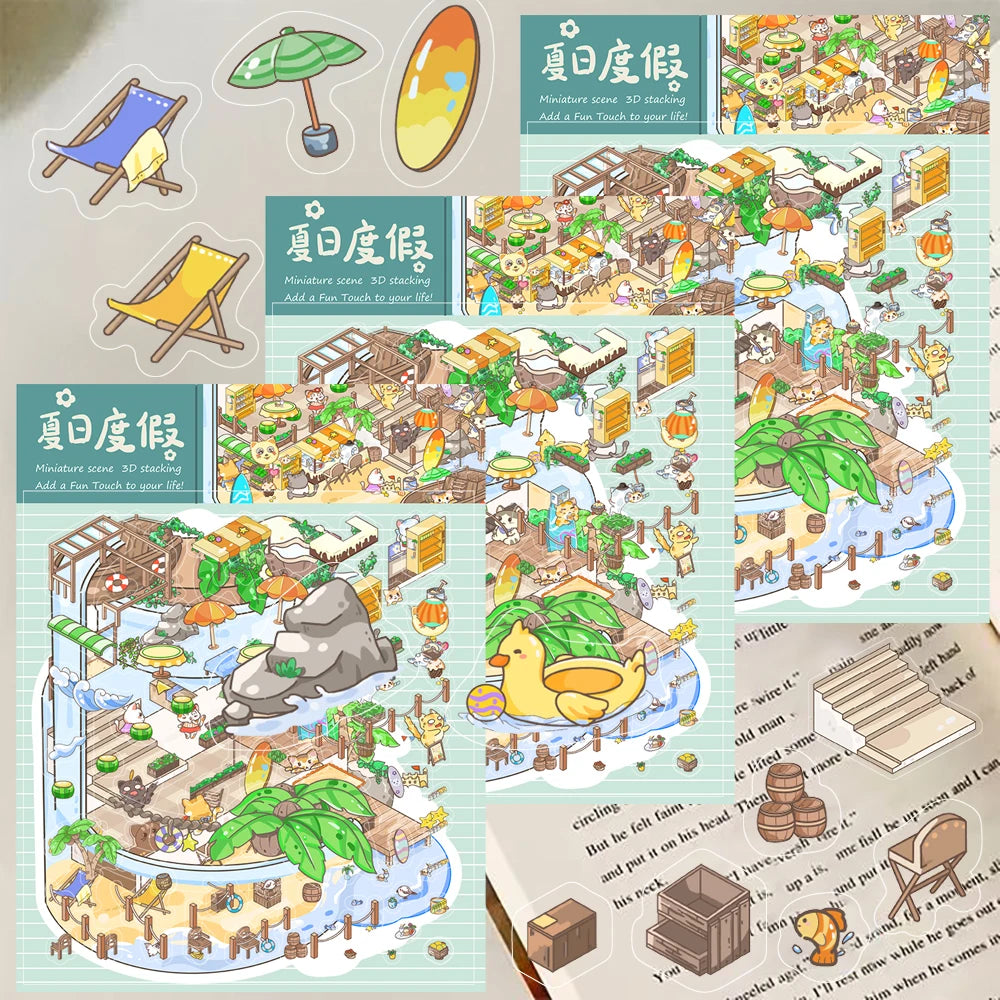 3PCS Summer vacation Landscaping Sticker Nostalgia Laptop DIY Graffiti Coffee Creative Decompression Puzzle Stickers PET Kit