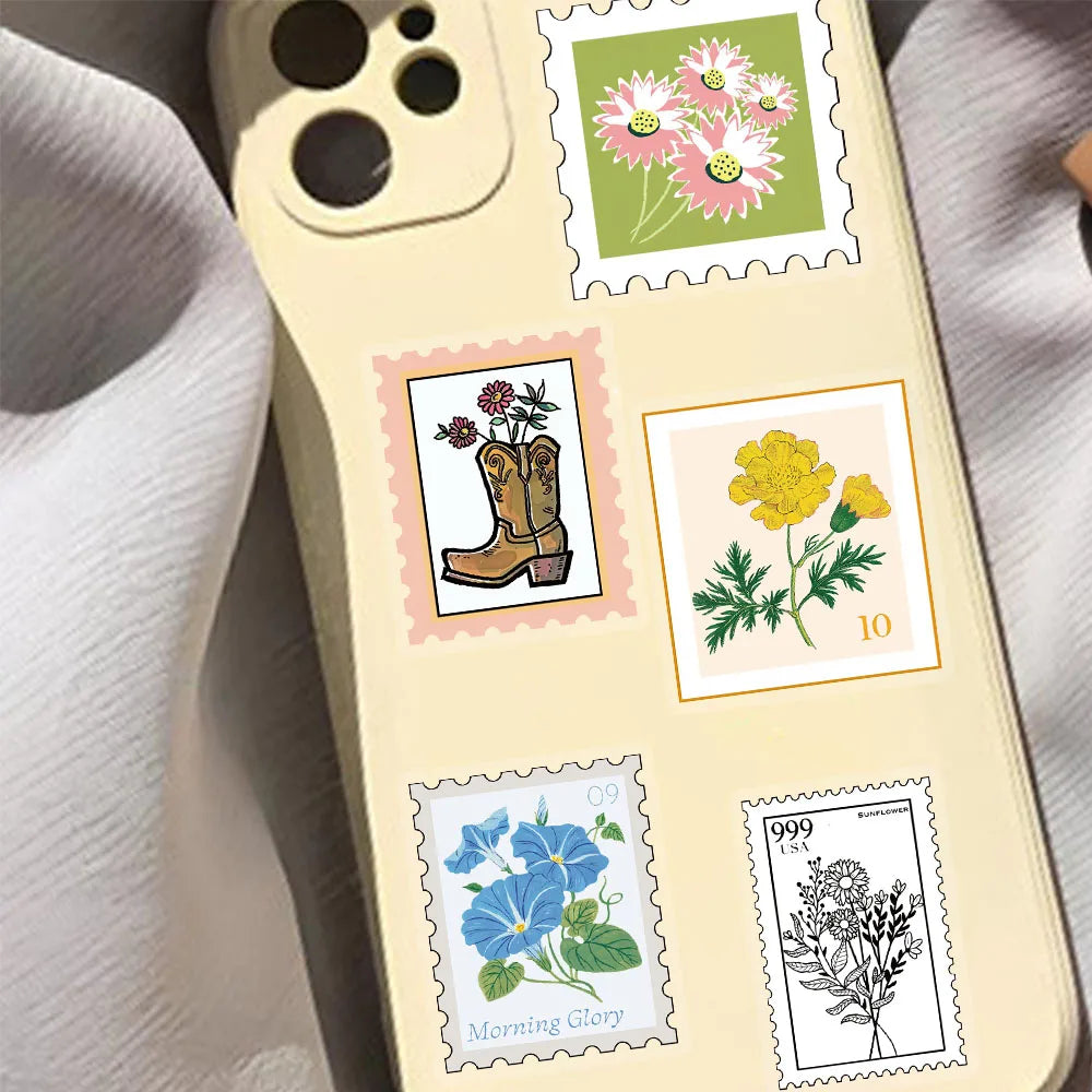 50PCS Creative Flower Stamp PET Waterproof Transparent Stickers Decorative Sunflower Flower Desktop Stickers