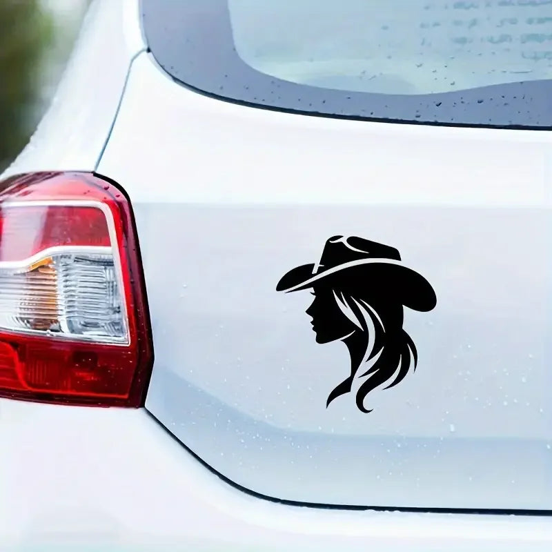 2D Flat, Western Cowgirl Vinyl Decal - Durable Self-Adhesive 2D Car Sticker with Black Silhouette, Flowing Hair & Cowboy Hat Des