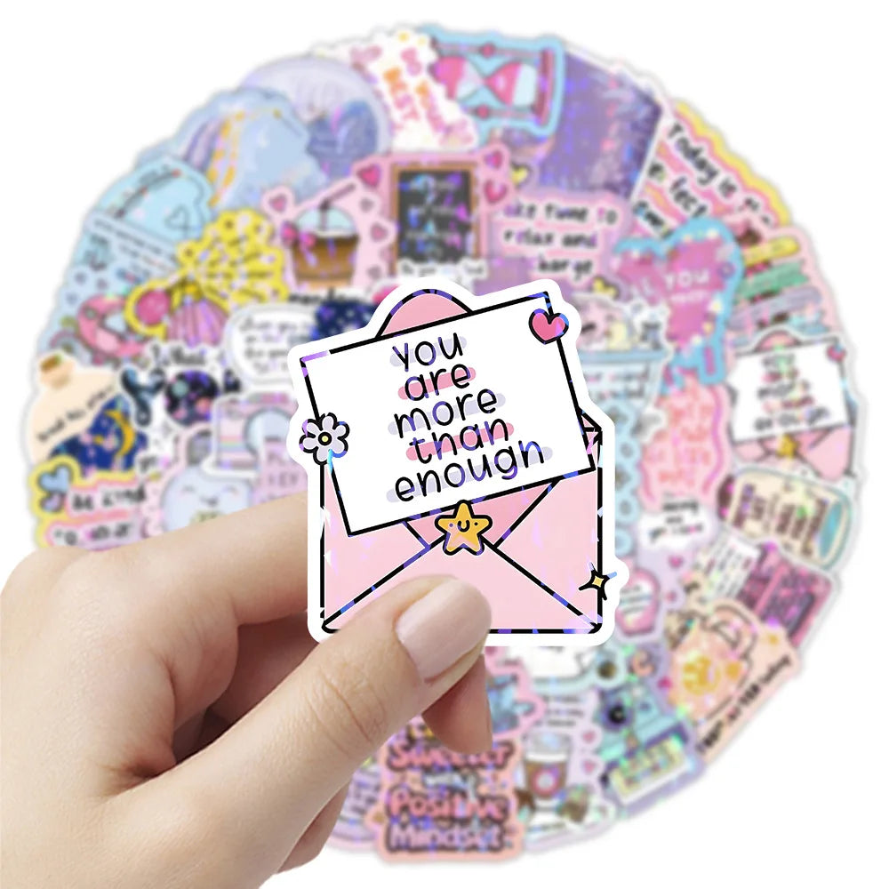 50-Pack Shiny Film Cartoon Motivational Quote Stickers for Student Supplies Notebook Luggage Fridge Car Waterproof Decals