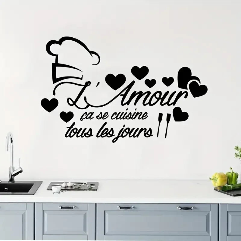Modern French Kitchen Wall Sticker - "L'Amour se Cuisine Tous les Jours" with Heart Design, Self-Adhesive Plastic Decal for Glas