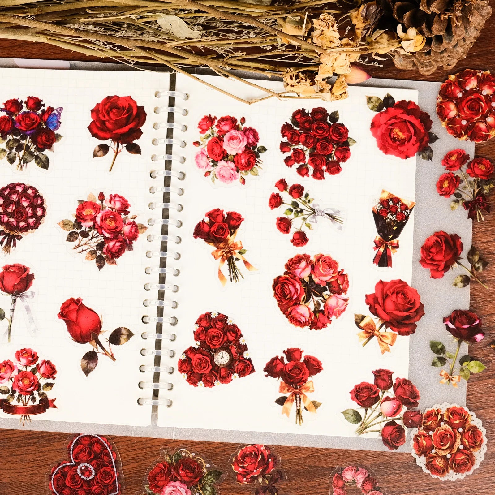 56/112PCS Red Rose Art Transparent PET Stickers Heart shaped Bouquet Holiday Birthday Romantic Decoration Creative Stickers