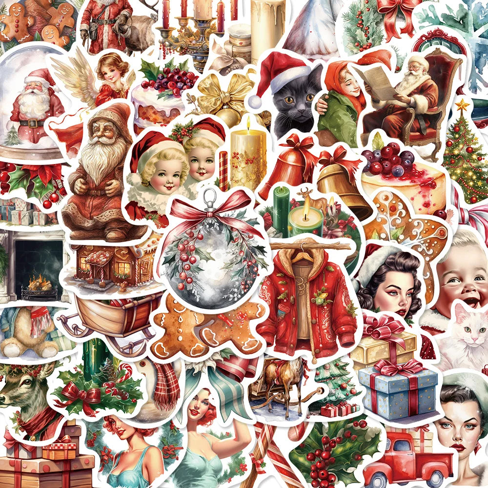 50PCS Vintage Christmas Stickers Notebook Retro Aesthetic Art Laptop Luggage Scrapbooking Decoration Waterproof Decals ﻿