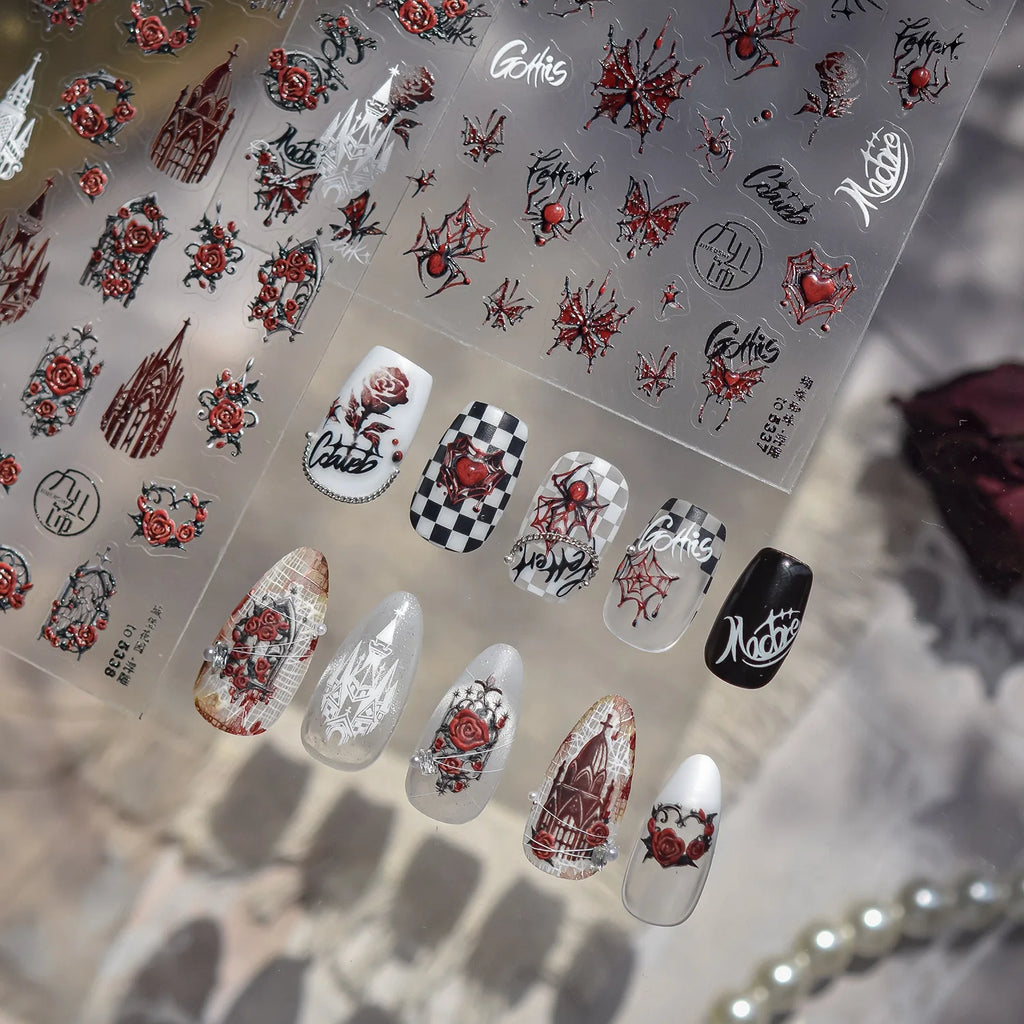 Halloween Stickers 5D Embossed Dark Castle Flower Window Butterfly Rose Spider Nail Art Stickers Decals DIY Nails 3D Decorations