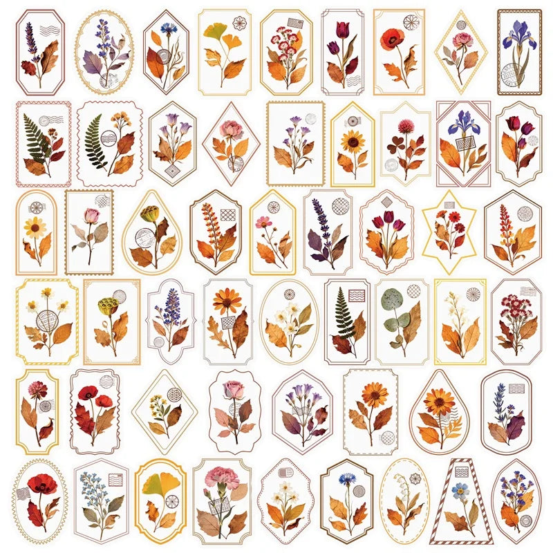 56PCS Vintage Autumn Flowers PET Phone Sticker Aesthetic Tear Open Decoration DIY Colored Laptop Luggage Graffiti Decals