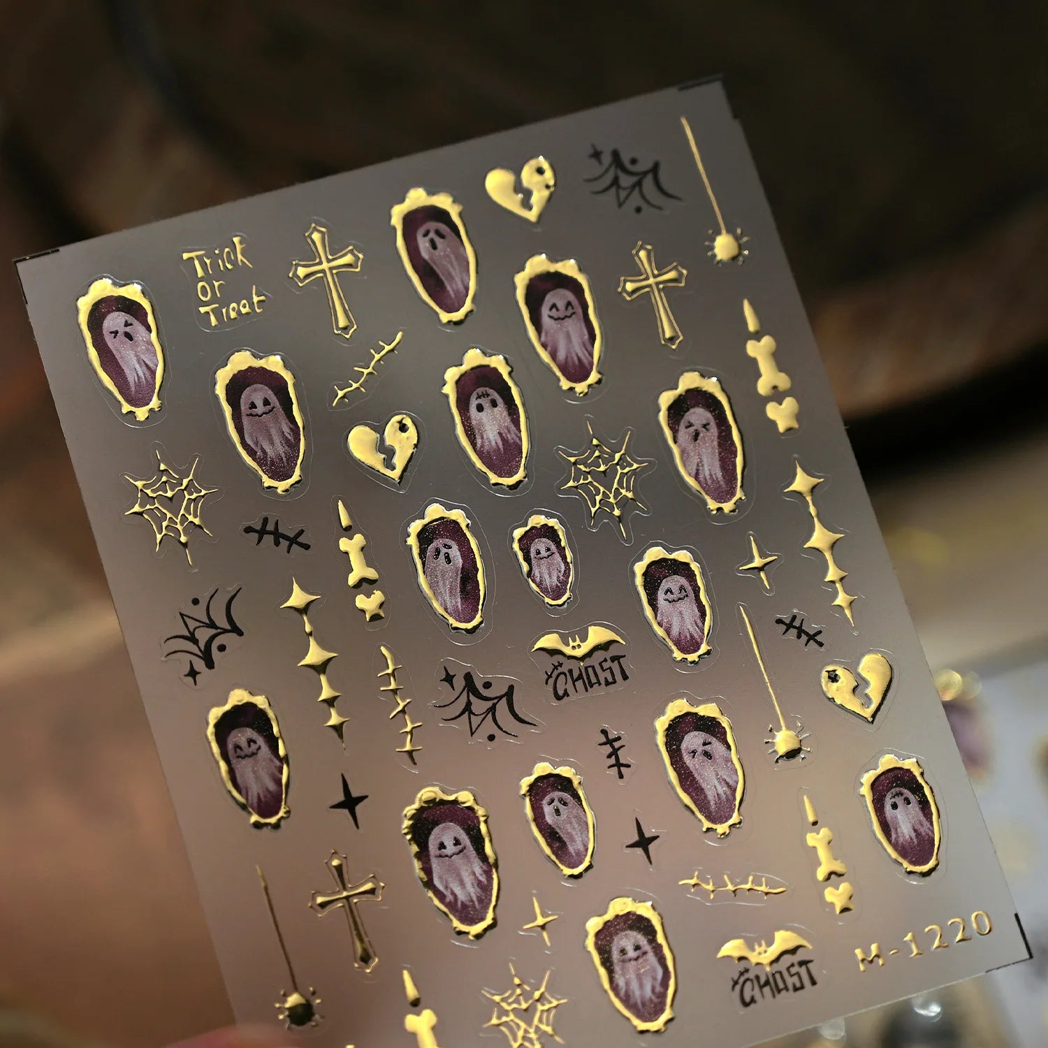 1pcs Luxury 5D Gilding Gold Halloween Nails Sticker New Bat Cross Ghost Design Nail Slider DIY Self Adhesive Nail 3D Decoration
