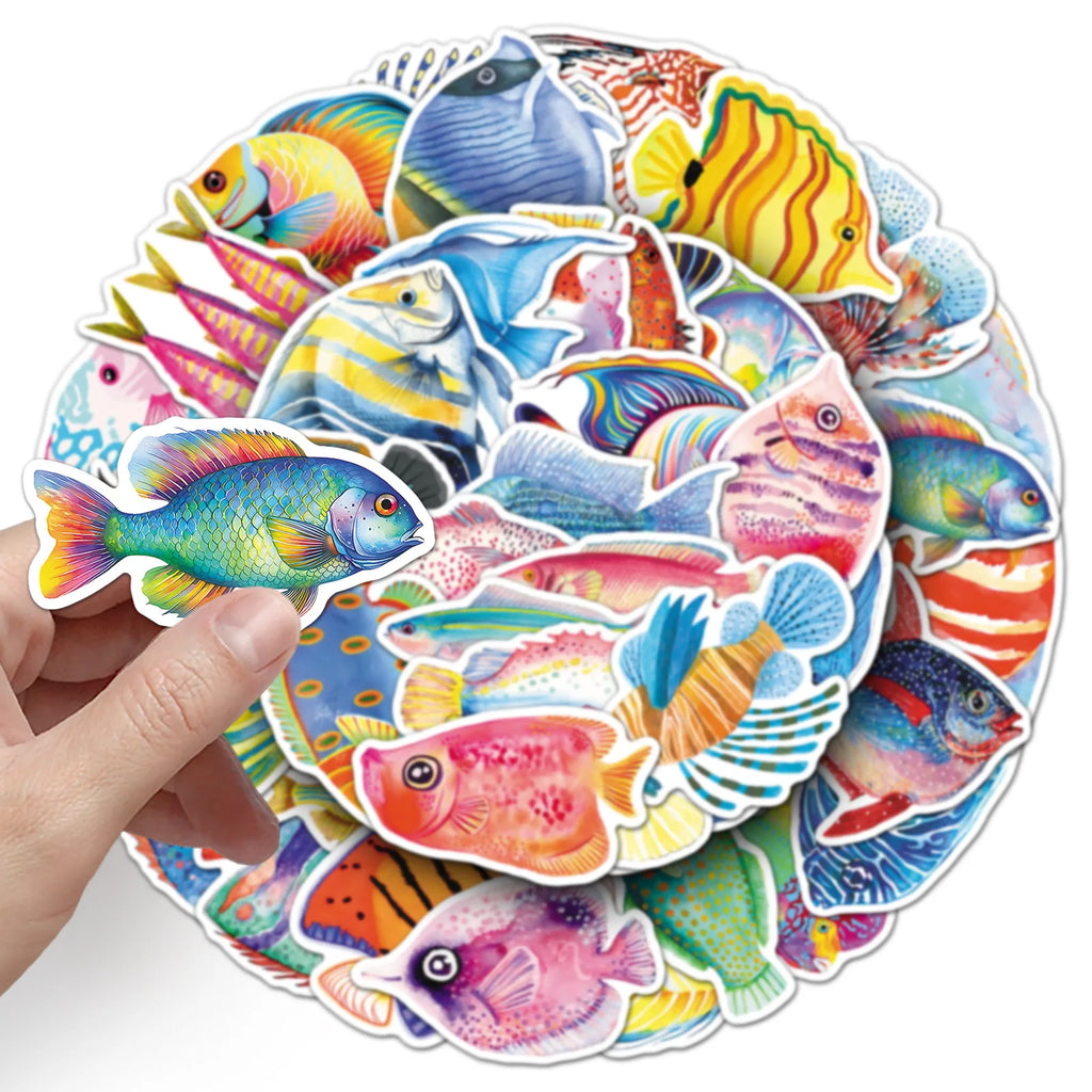 50PCS Cartoon Fish Stickers, Ocean Animal Colorful Fish Waterproof Computer Journal Student Stationery Decor Sticker