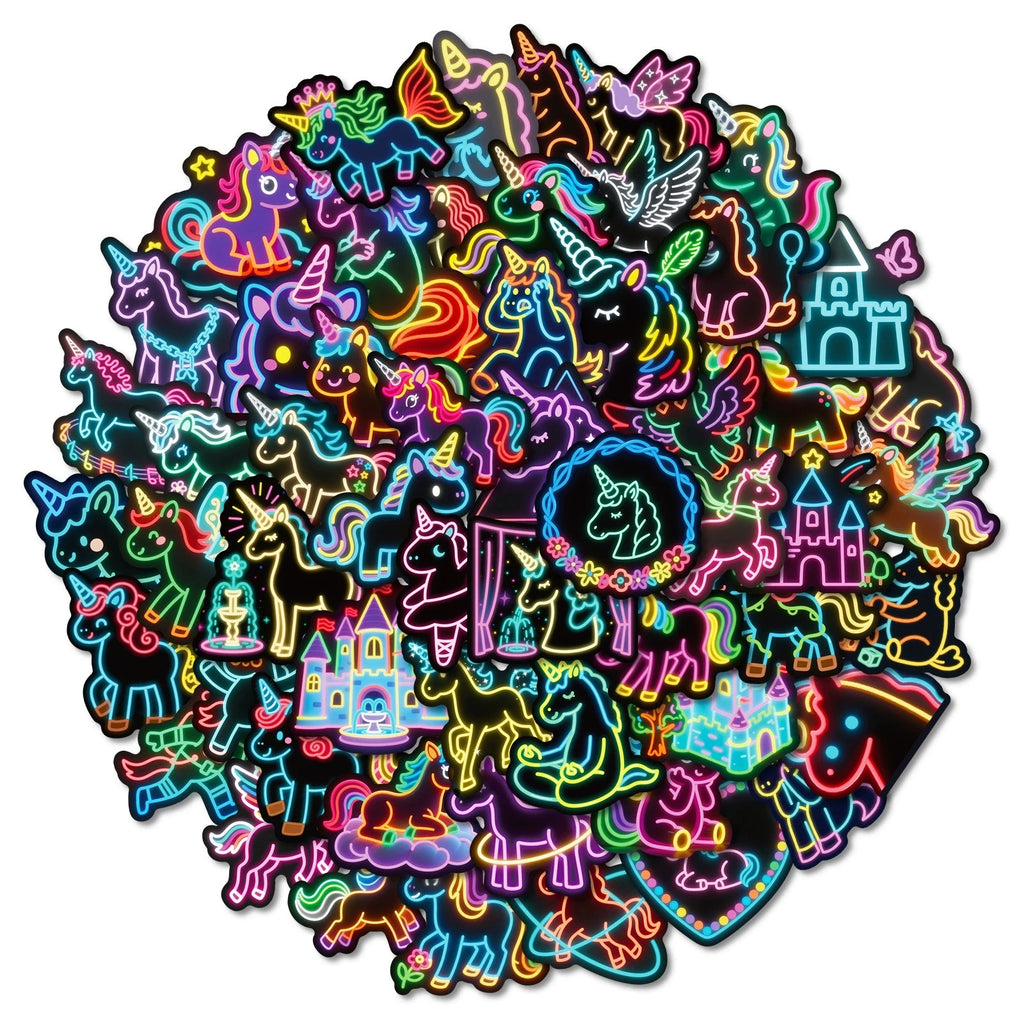 56PCS Neon Unicorn Graffiti Stickers Cartoon Creative Rainbow Horse Cup Decoration Stationery Stickers