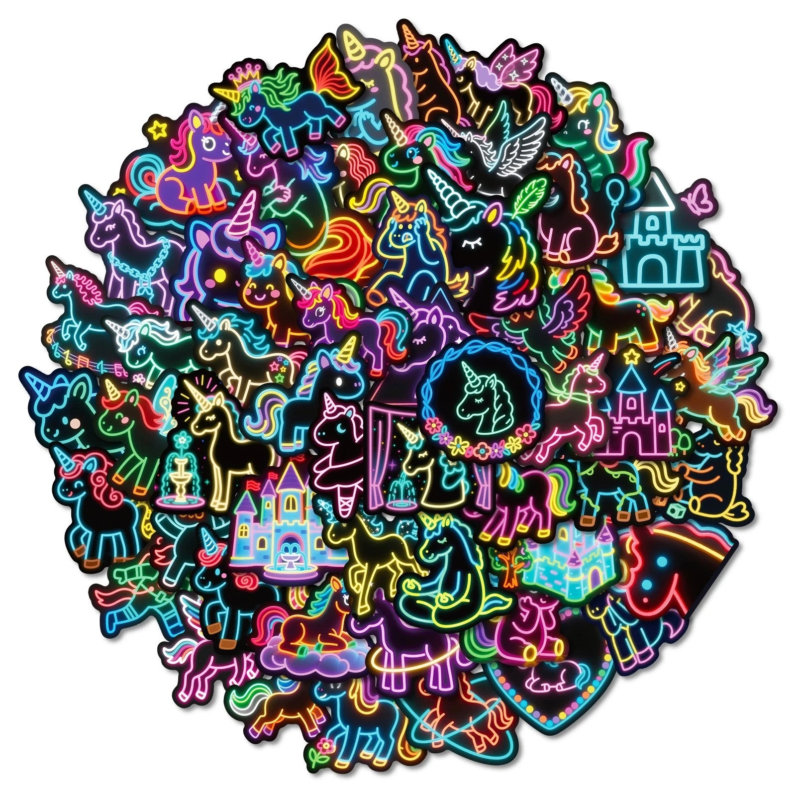 56PCS Neon Unicorn Graffiti Stickers Cartoon Creative Rainbow Horse Cup Decoration Stationery Stickers