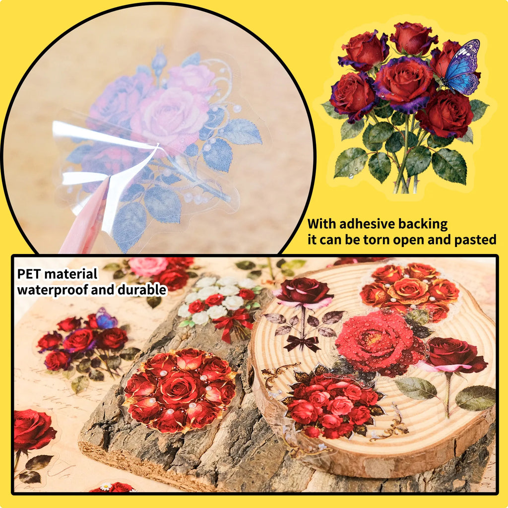 56/112PCS Red Rose Art Transparent PET Stickers Heart shaped Bouquet Holiday Birthday Romantic Decoration Creative Stickers