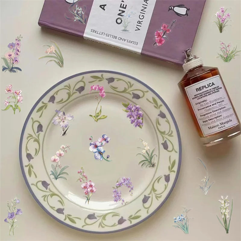 50PCS Kawaii Orchid PET Sticky Sticker Aesthetic Tear Open DIY Decoration Scrapbooking School Stationery Supplies for Kids