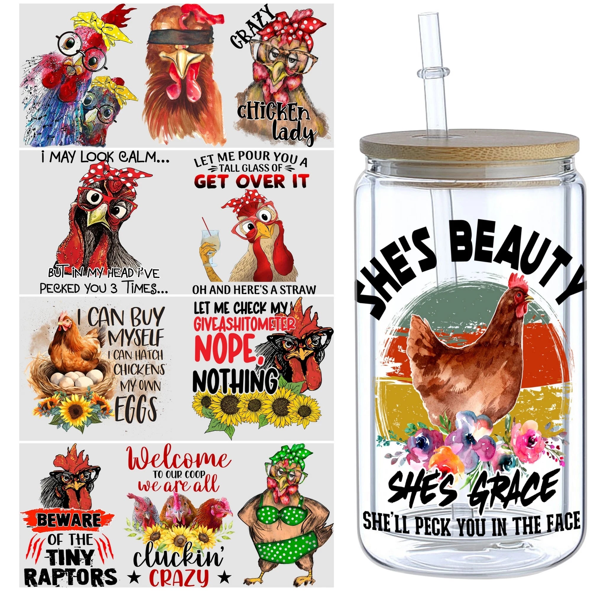 5 Sheet Animal UV DTF Cup Stickers, DTF Friction Transfer Stickers, Waterproof Cartoon Transfer Stickers for 16 Ounces Glass Cup