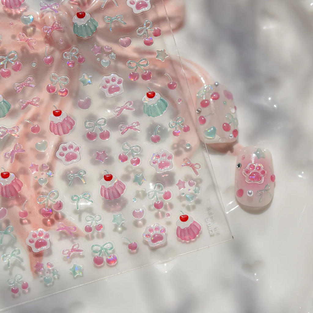 1pcs Cute 5D Jelly Nail Stickers Dessert Fruit Cherry Pink Claw Print Bowknot Love Nail Art Sticker Adhesive Manicure Decals DIY