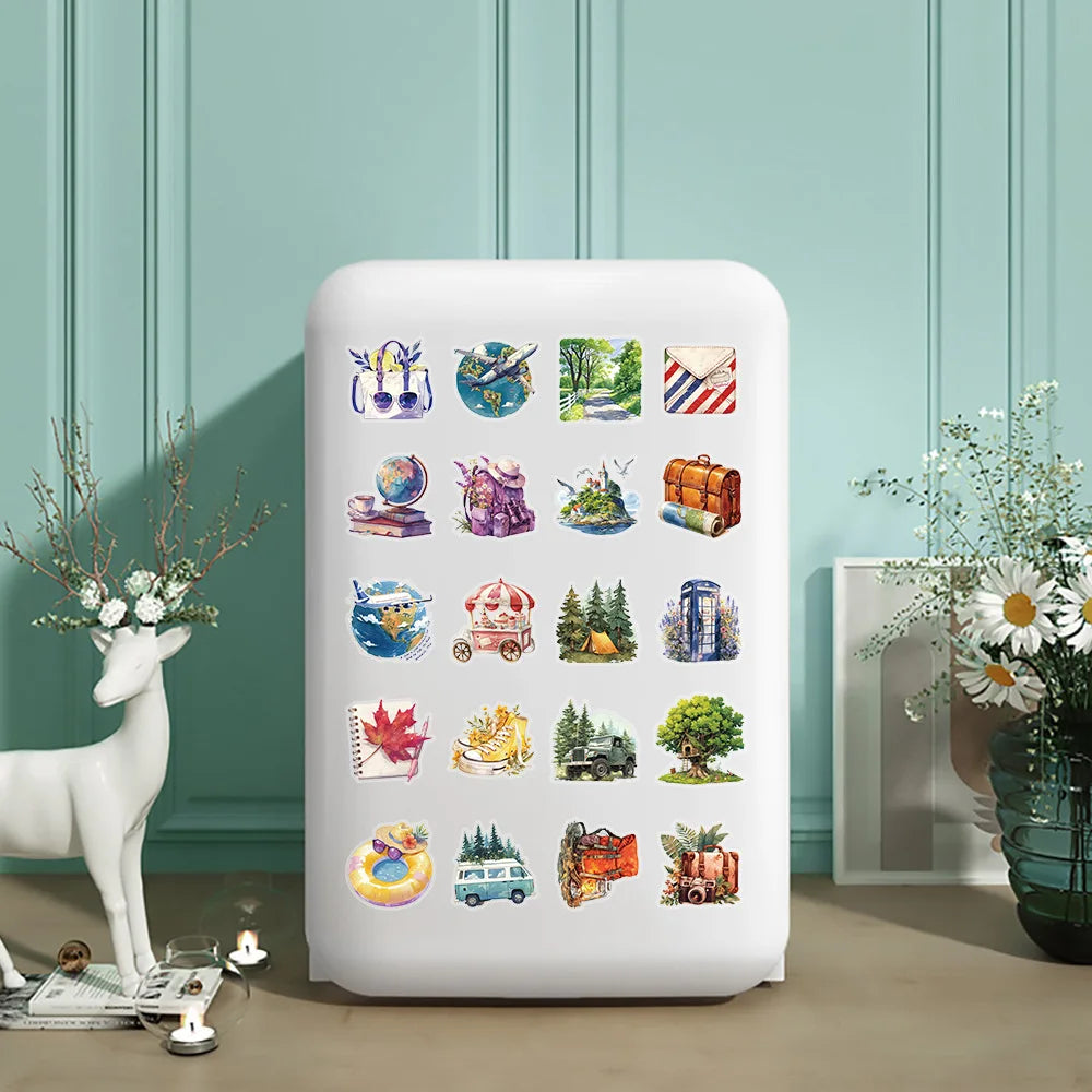 50/100PCS Transparent PET Outdoor Travel Cartoon Stickers Watercolor Camping Creative Painting Decor Flat Stationery Sticker