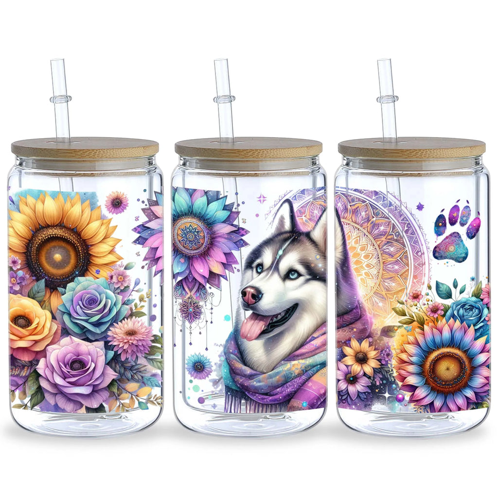 5 Sheets Sunflower Dog UV DTF Cup Stickers, Glass Cup DTF Transfer Stickers, Waterproof Funny Dog Wipeable Transfer Paper