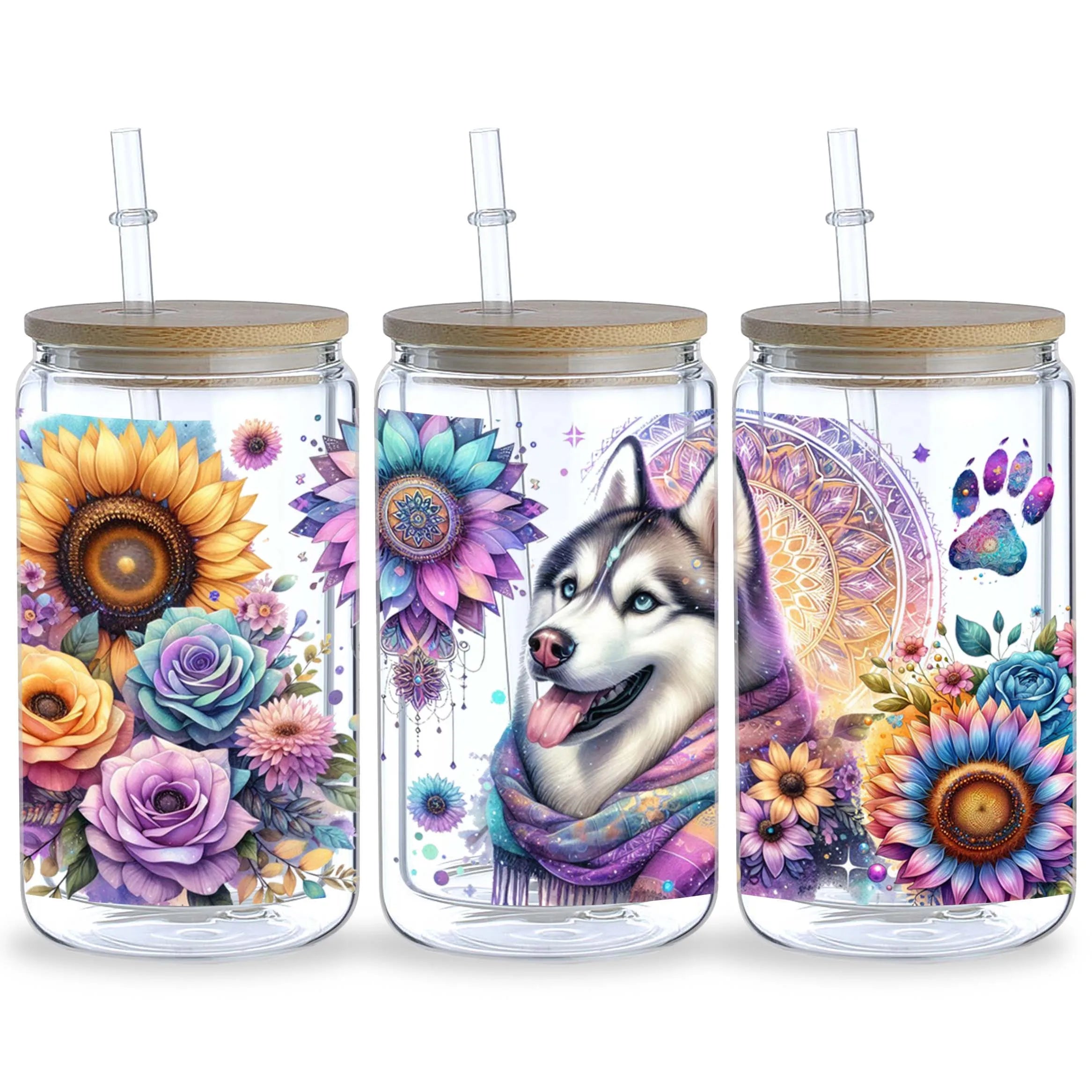 5 Sheets Sunflower Dog UV DTF Cup Stickers, Glass Cup DTF Transfer Stickers, Waterproof Funny Dog Wipeable Transfer Paper