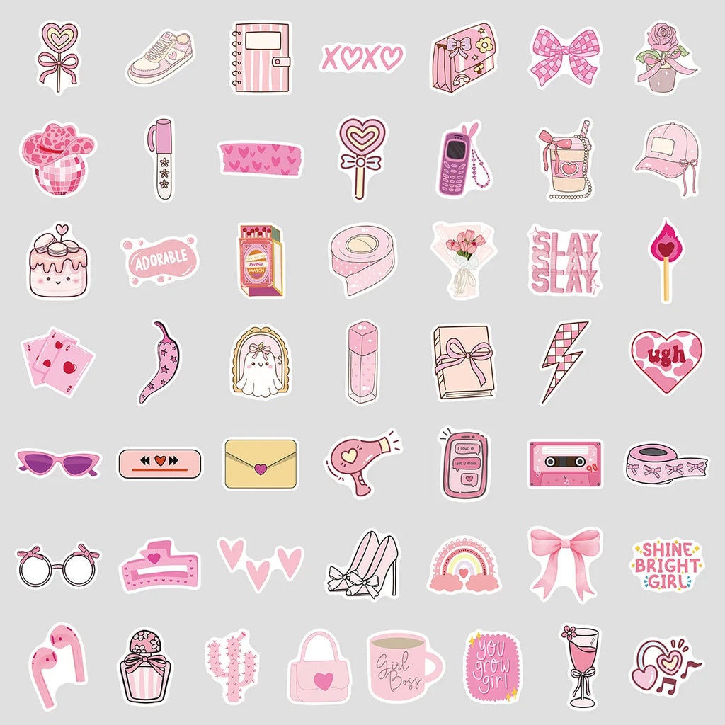 50-Pack Cute Pink Doodle Stickers Water Bottles Laptops Creative Stationery Notebook Waterproof Decor Stickers
