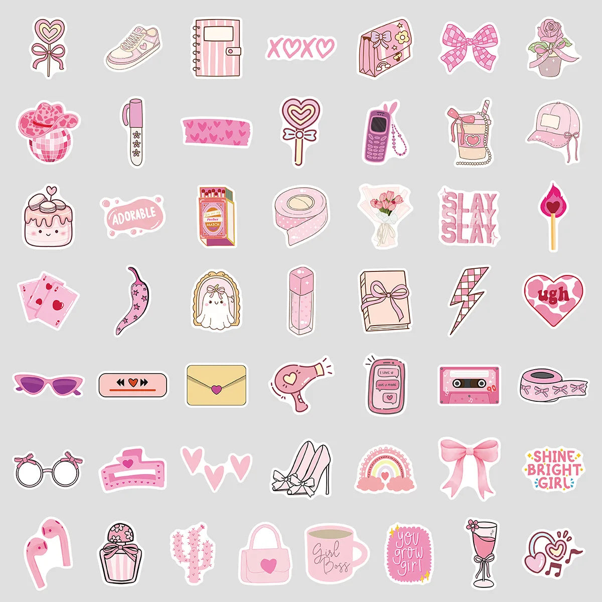 50-Pack Cute Pink Doodle Stickers Water Bottles Laptops Creative Stationery Notebook Waterproof Decor Stickers