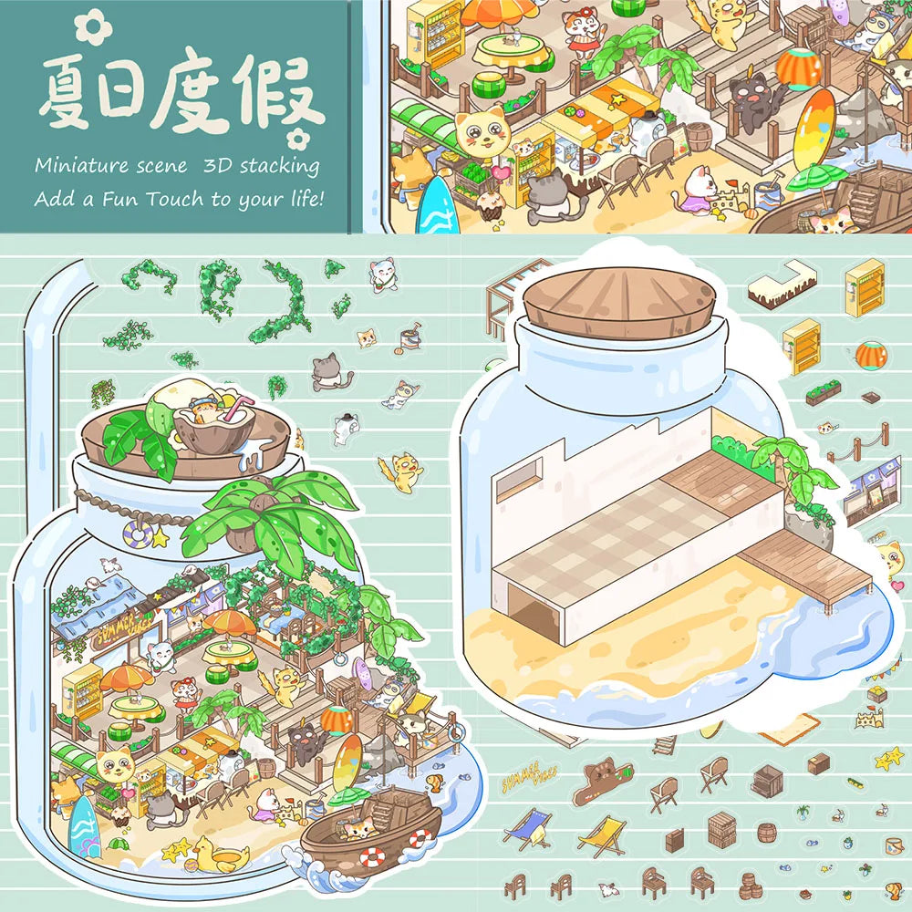 3PCS Summer vacation Landscaping Sticker Nostalgia Laptop DIY Graffiti Coffee Creative Decompression Puzzle Stickers PET Kit