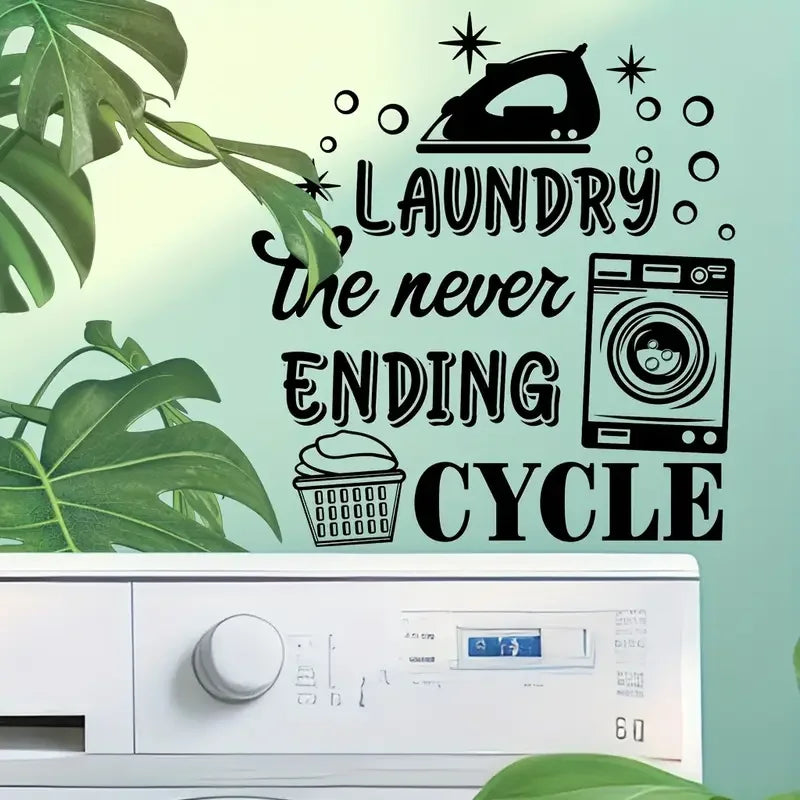 1pc Black and White Laundry Machine Sticker - Self-Adhesive, Removable Vinyl Decal with Humorous "LAUNDRY THE NEVER-ENDING CYCLE