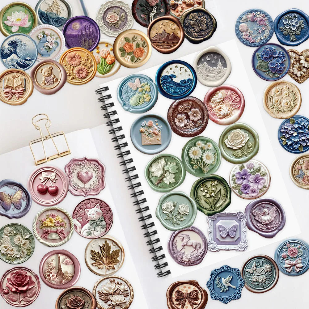 52-Pack Embossed Printed Paint Retro Waterproof Transparent PET Decor Stickers for Phone Envelope Stationery Notebook