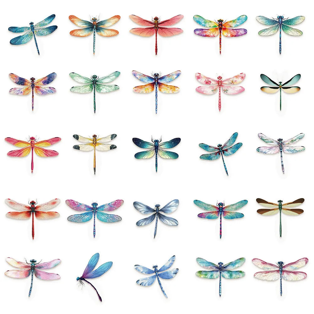 50 Pcs Cartoon Colorful Dragonfly Stickers PET Material Decorative Luggage, Refrigerator, iPad Water Cup Waterproof Stickers
