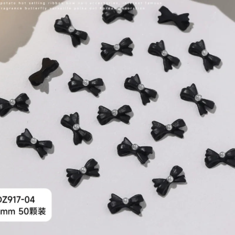 New Ribbon Bow Nail Art Accessories Black Dot Butterfly Bow Kont Bow Tie Nail Charms Flatback Resin Nail Rhinestones Decorations