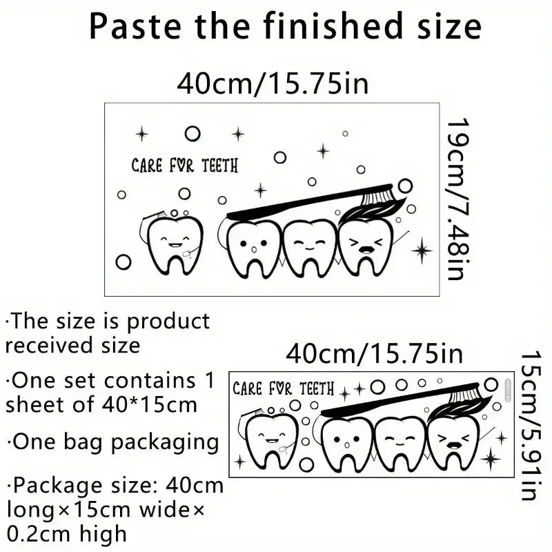 Care for Teeth Cartoon Tooth Vinyl Wall Decal - Waterproof Self-Adhesive Bathroom & Kids Room Decor, Educational Dental Hygiene