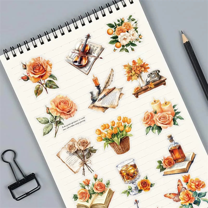 50PCS Kawaii Orange Rose Sticky PVC Sticker Aesthetic Stationery DIY Decoration Scrapbooking Children's Supplies