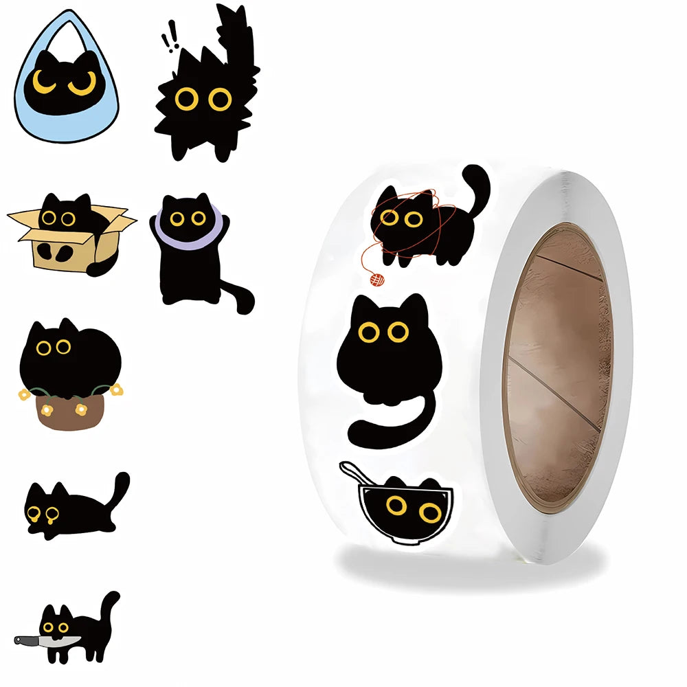 500PCS Black Cat  Roll Stickers Luggage Collage Community Phone Coffee Laptop Gift For Waterproof Art Home Decoration Sticker