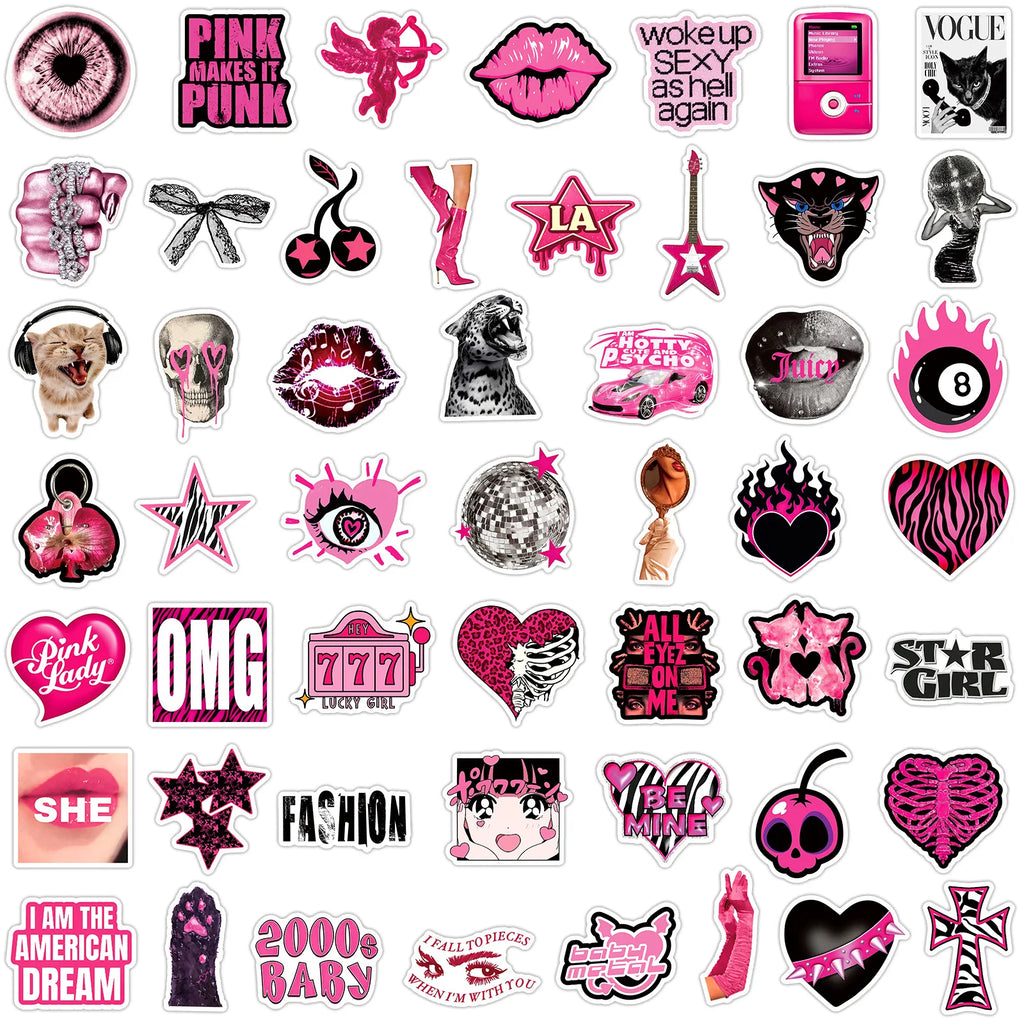 50/100Pcs Retro Y2K Black Pink Cool Ins Stickers DIY for Skate Helmet Suitcase Guitar Window Furniture File Holder Waterproof
