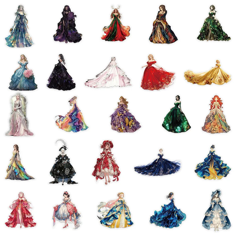 50-Pack Girl Dress Transparent Waterproof Stickers for DIY Mobile Phone Luggage Box Stationery Notebook Decoration