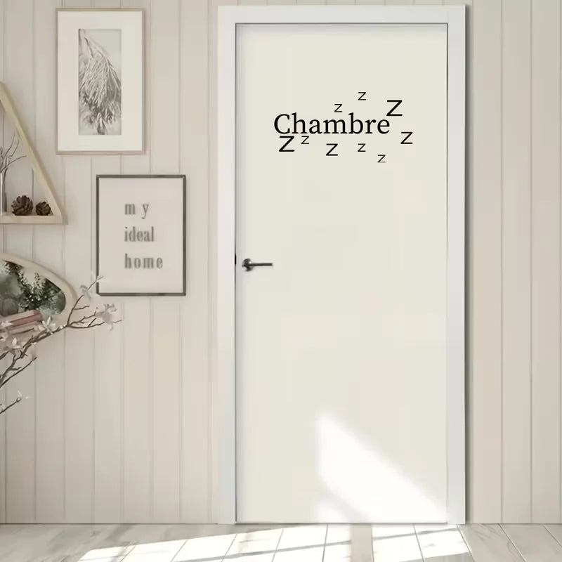 1pc French Country Style "Chambre" & Zzz Sleep Design Self-Adhesive Door Sticker - Black Lettering on White Background, Durable