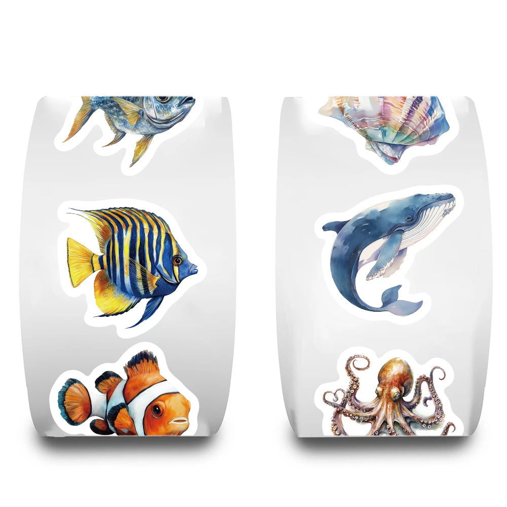500PCS Marine Organism Roll Stickers Art Picture Laptop Scrapbooking Cartoon Stationery PVC Decorative Guitar Dormitory