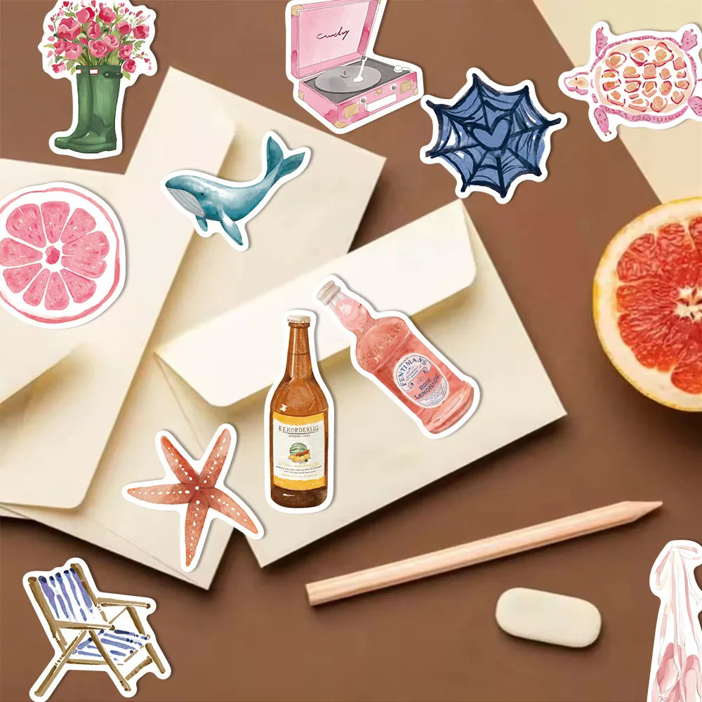 50PCS Watercolor Diary 2 Cartoon Ins Style DIY Stickers Sketchbook Phone Case Notebook Luggage Skateboard Waterproof Stickers