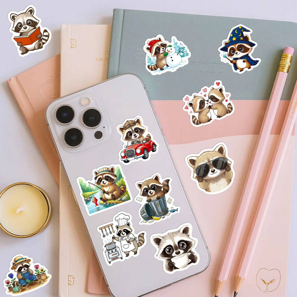 56/112 Pcs Cartoon Raccoon Theme Stickers Reusable for Reward Cup Stationery Box File Holder Desk Fridge Helmet