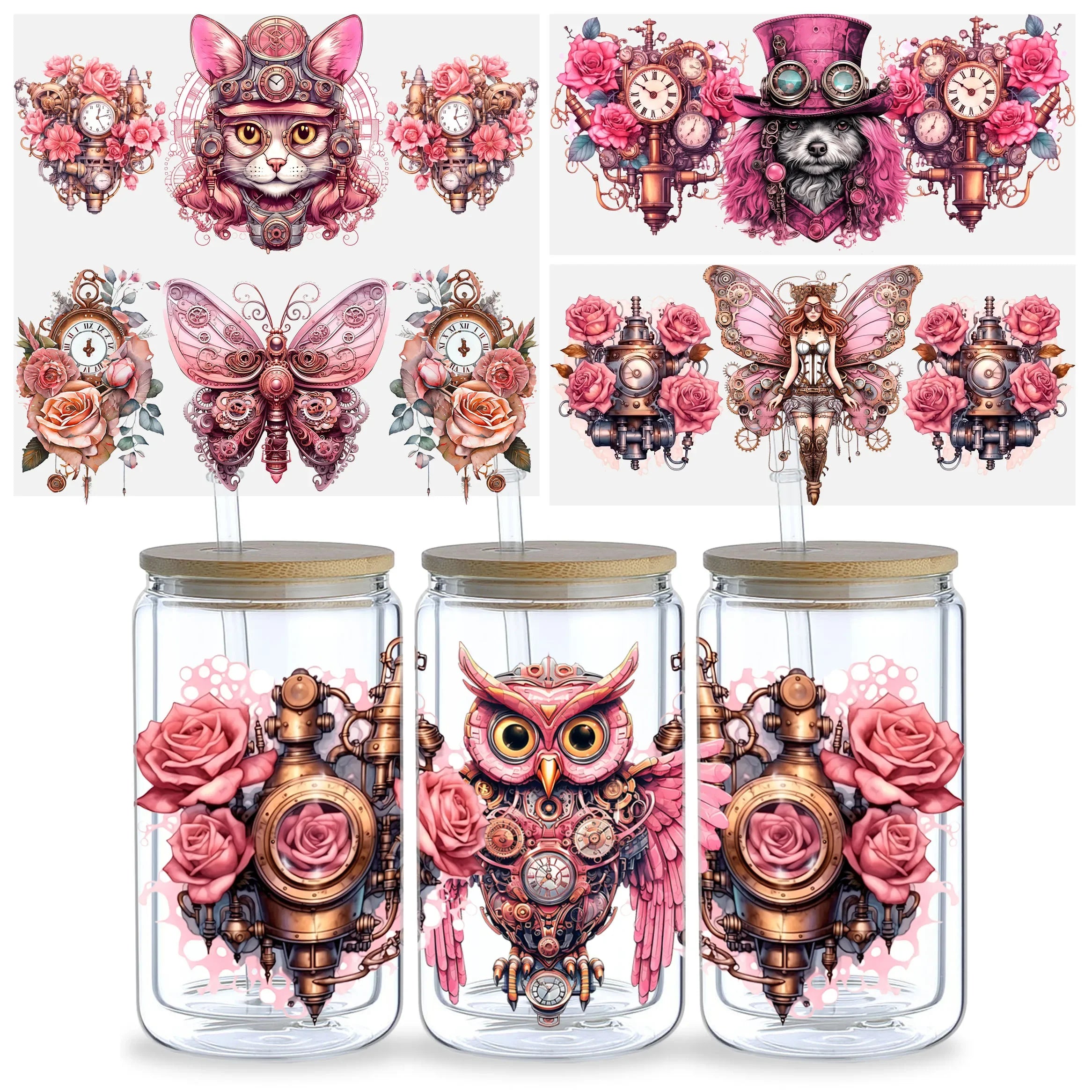 5 Sheets Steampunk UV DTF Cup Wrap,Sport DTF Transfer Stickers for Glass Cup,Waterproof funny Punk animal Rub on Transfers