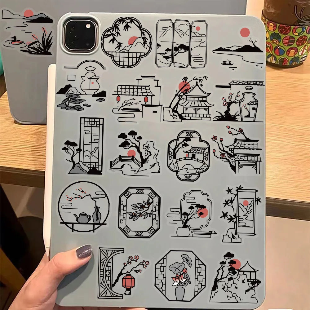 50PCS Ancient Style Silhouette Ancient Town Painting Stickers DIY Scrapbook Phone Case Laptop Tablet Decoration Toy Stickers