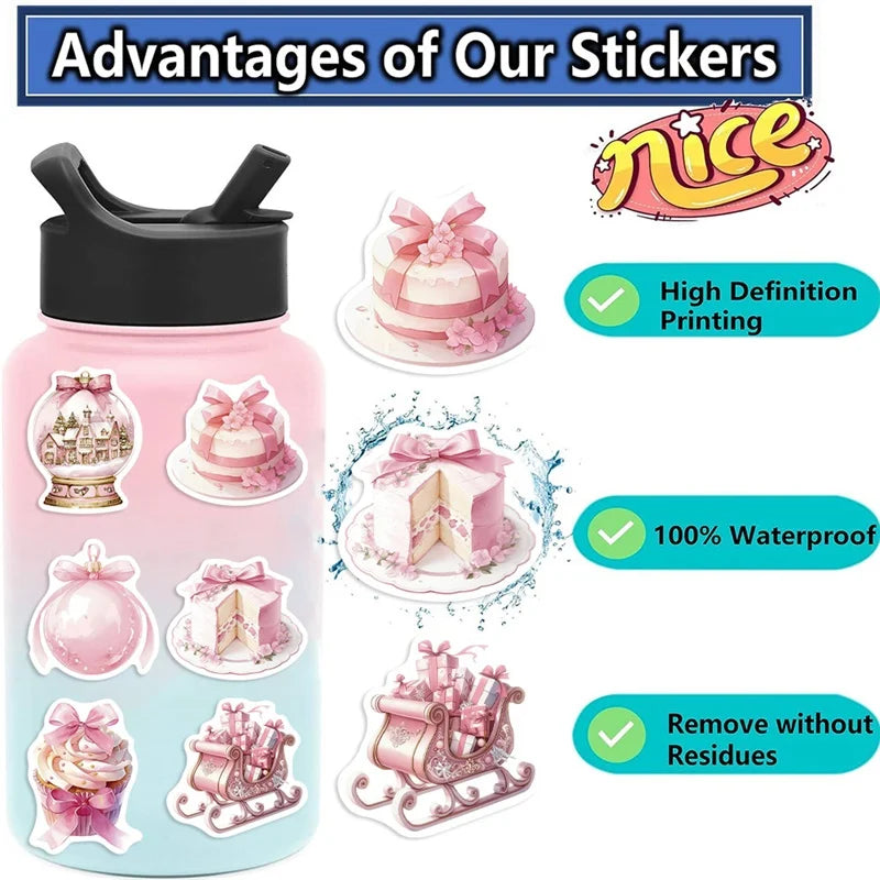 10/30/50PCS Cute Pink Christmas PVC Sticky Sticker Aesthetic DIY Decoration Scrapbooking Children's School Supplies