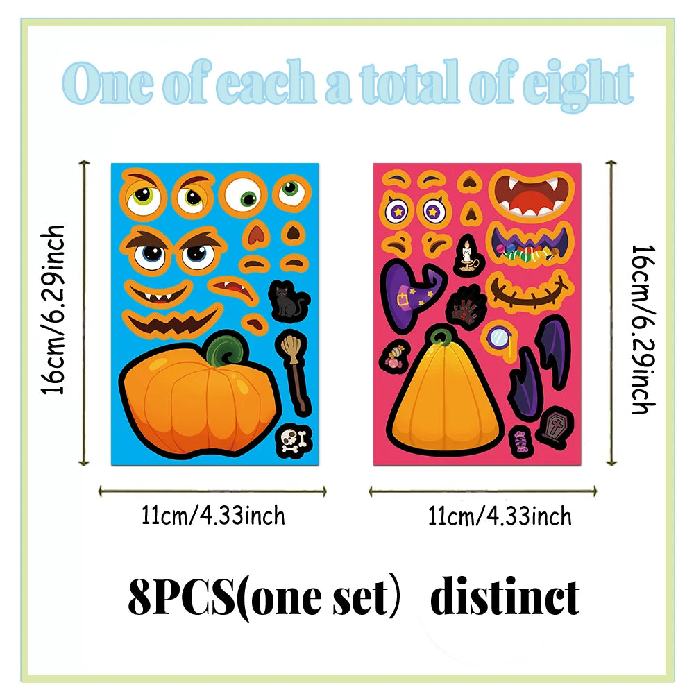 8PCS Halloween Fun and Funny Pumpkin Head Creative Collage DIY Manual for Phone Cases, Tablets, Water Cups, Decorative Stickers