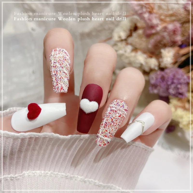 French Flocked Heart-shaped Nail Art Accessories 3D Plush Heart-shaped Nail Charms Autumn and Winter Manicure Decorations Parts