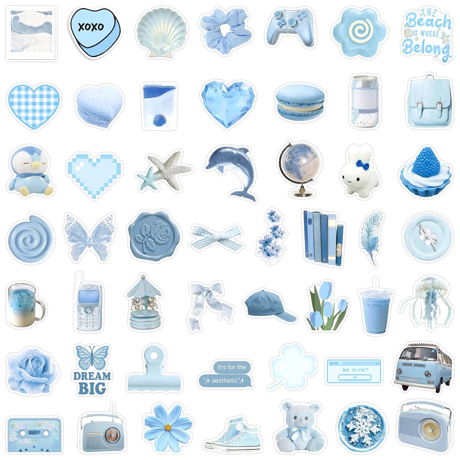 50/100 Pcs Ins Style Light Blue Theme Stickers DIY for Scrapbook Helmet Car Window Diary Guitar Waterproof Decals