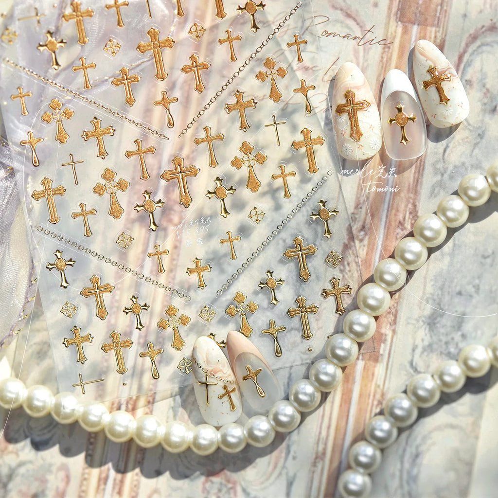 Retro Cross Nail Art Accessories Stickers Gold Silver Bronzing Multi Stely Cross Nail Stickers DIY Back Adhesive Manicure Decals