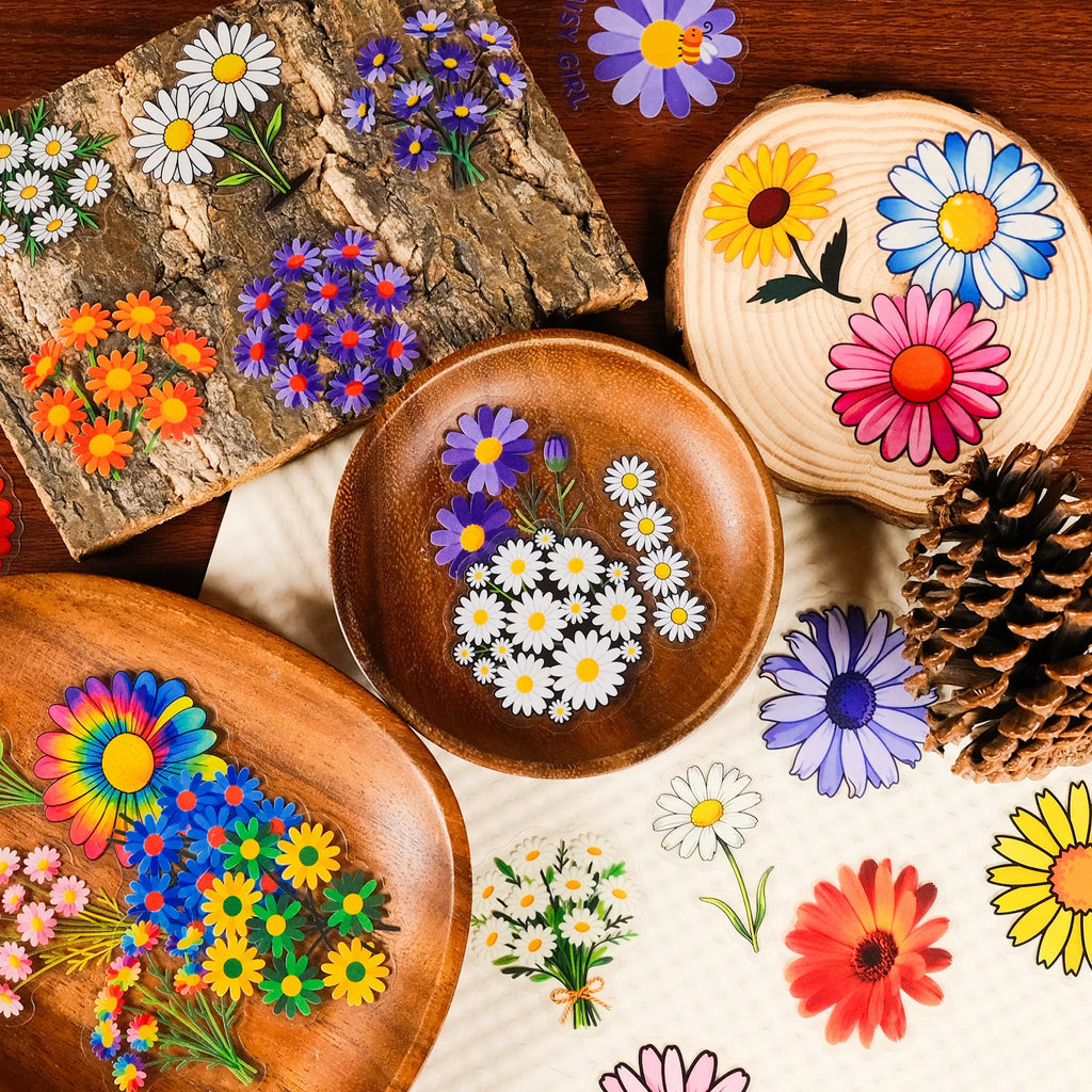 56/112PCS Colorful Daisy Transparent PET Stickers High Beauty Artistic Phone Decorative Notebook Stationery Stickers