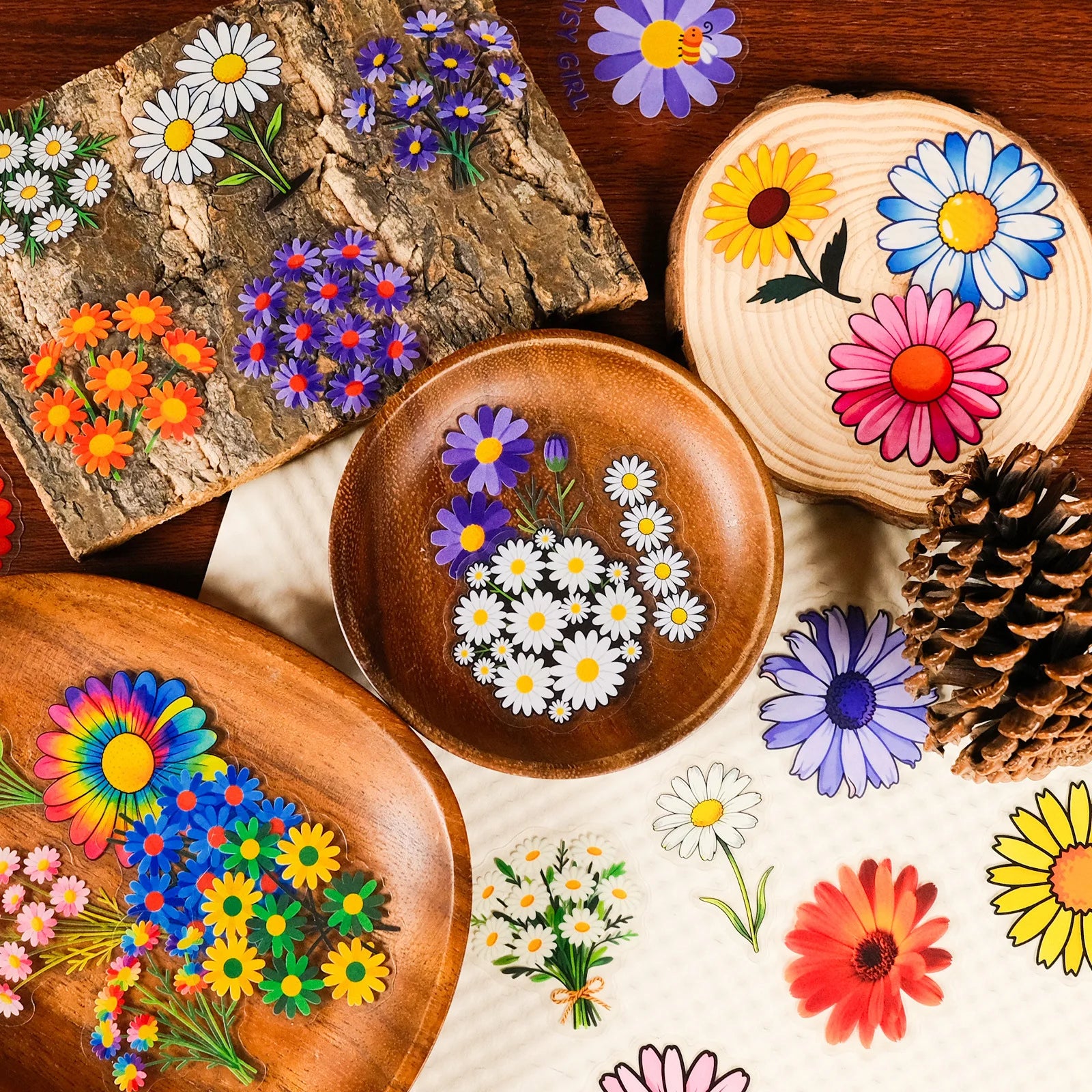 56/112PCS Colorful Daisy Transparent PET Stickers High Beauty Artistic Phone Decorative Notebook Stationery Stickers