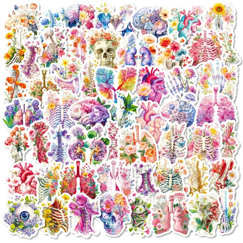 10/30/56PCS Cute Flower Skull Organs PVC Sticky Stickers Aesthetic Colored DIY Phone Laptop Luggage Skateboard Graffiti Decals
