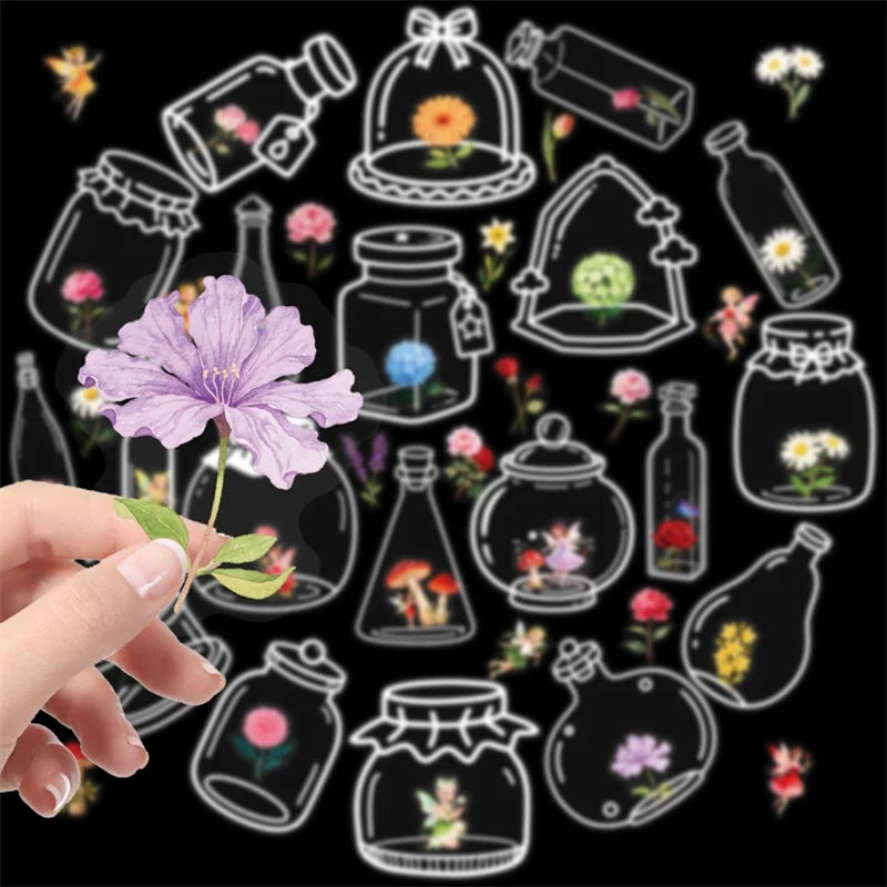 56PCS Kawaii Flower Bottle PET Sticky Sticker Aesthetic Tear Open DIY Decoration Scrapbooking School Stationery Supplies